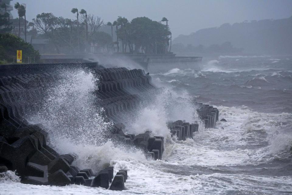 High waves hit a coastal area in Ibusuki, Kagoshima prefecture (Hidetaka Komukai/Kyodo News via AP)