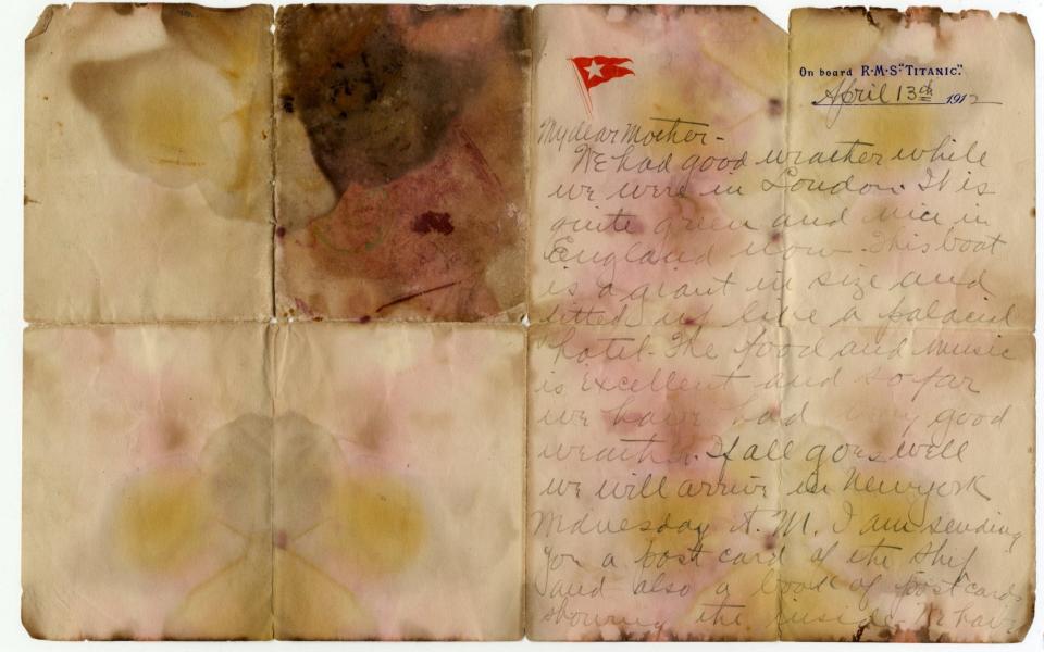 A letter written on April 13, 1912 and recovered from the body of Alexander Oskar Holverson, a Titanic victim - REUTER