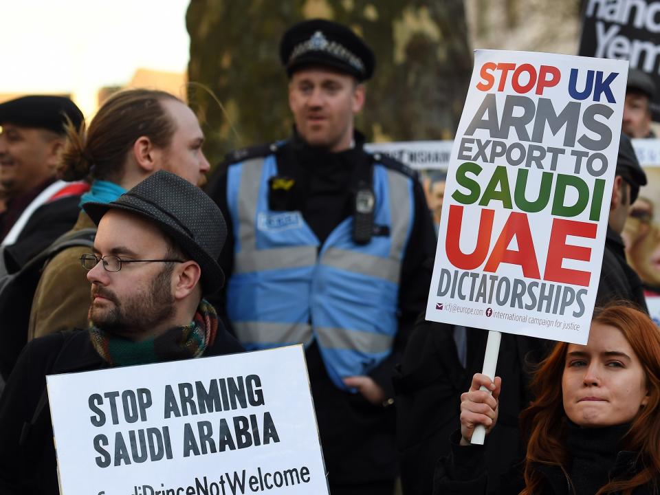 Protesters outside Downing Street gather to demonstrate against Britain’s role in dealing arms to Saudi Arabia ahead of Crown Prince Mohammad bin Salman’s visit to the UK in 2017 (EPA-EFE)