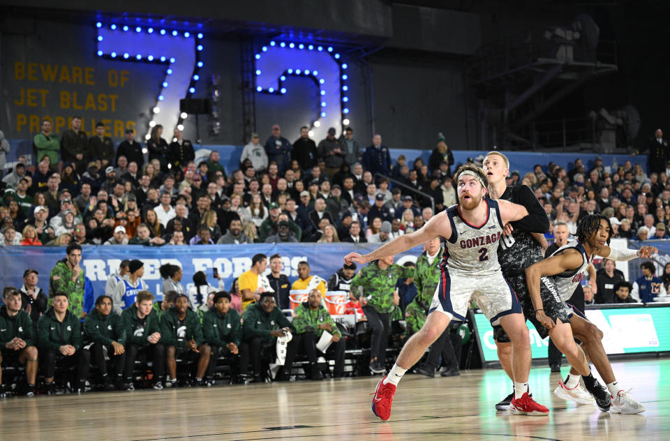 Gonzaga's Drew Timme (2) boxes out Michigan State Spartans forward Joey Hauser (10) during the game aboard the USS Abraham Lincoln in San Diego, California on Nov. 11, 2022. (Orlando Ramirez-USA TODAY Sports)