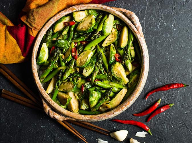 Chili and Garlic Stir-Fried Brussels Sprouts with Asparagus