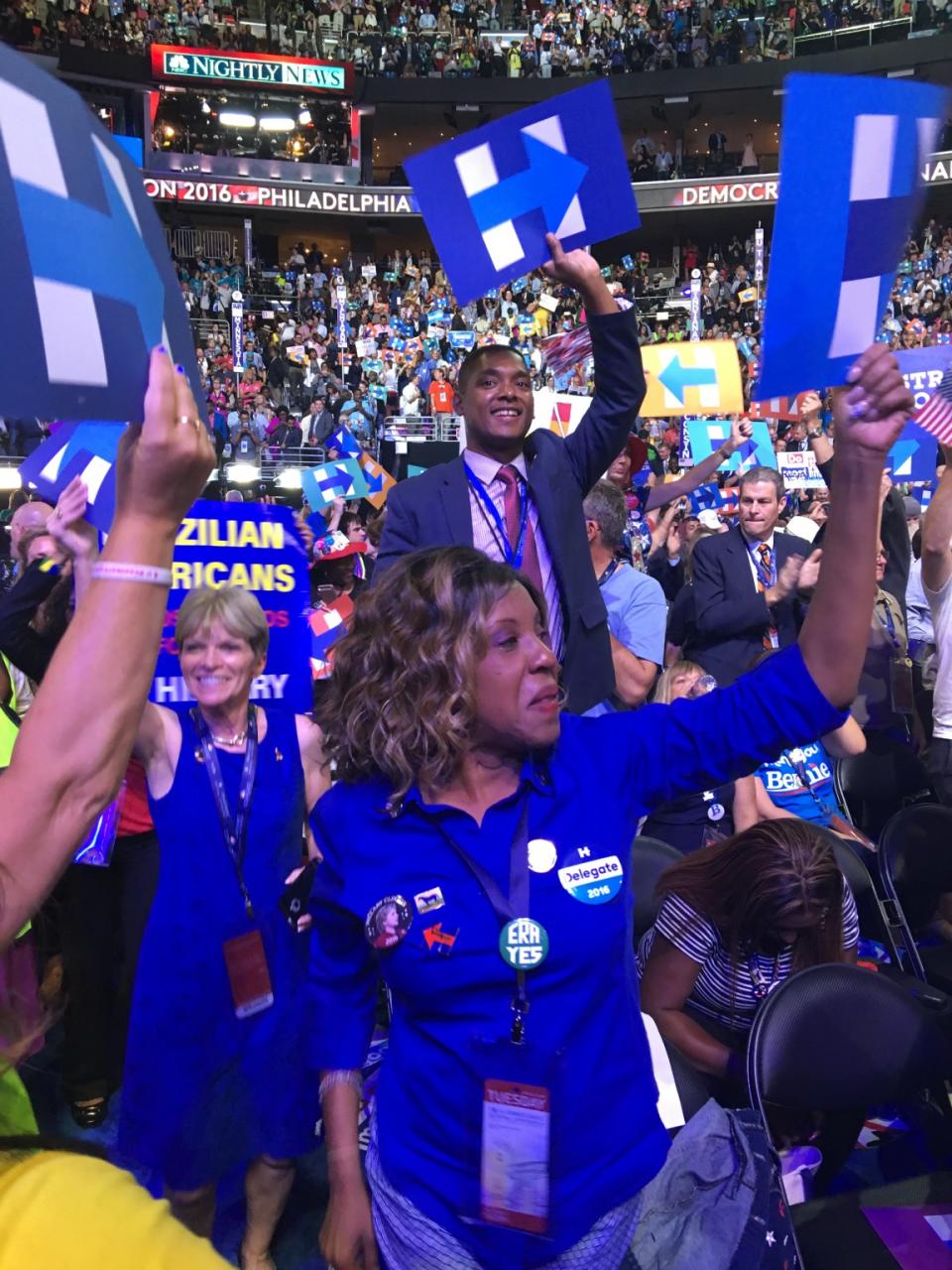 Delegates celebrate on the floor on Tuesday night at the DNC in Philadelphia. (Photo: Tracy Russo)