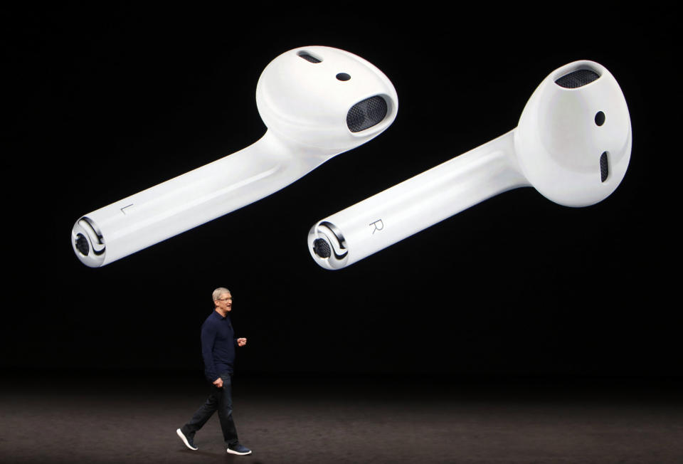 AirPods are displayed as Apple Inc CEO Tim Cook makes his closing remarks during an Apple media event in San Francisco, California, U.S. September 7, 2016.  REUTERS/Beck Diefenbach