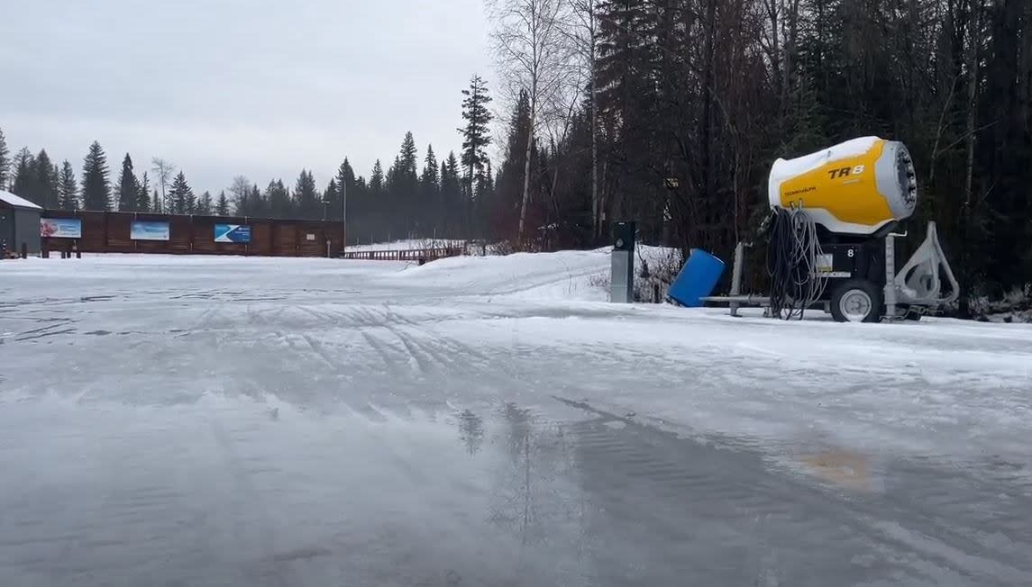 A rainy and warm winter in Prince George, B.C. means cross-country ski trials at Caledonia Nordic are closed until conditions improve. (Nicole Oud/CBC - image credit)