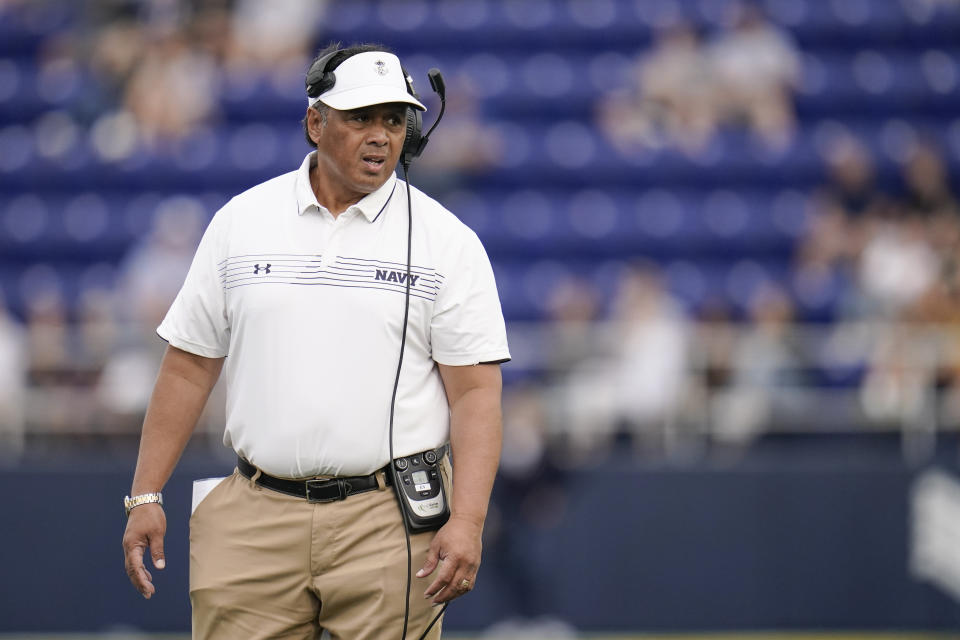 Navy head coach Ken Niumatalolo looks on during the first half of an NCAA college football game against SMU, Saturday, Oct. 9, 2021, in Annapolis, Md. (AP Photo/Julio Cortez)