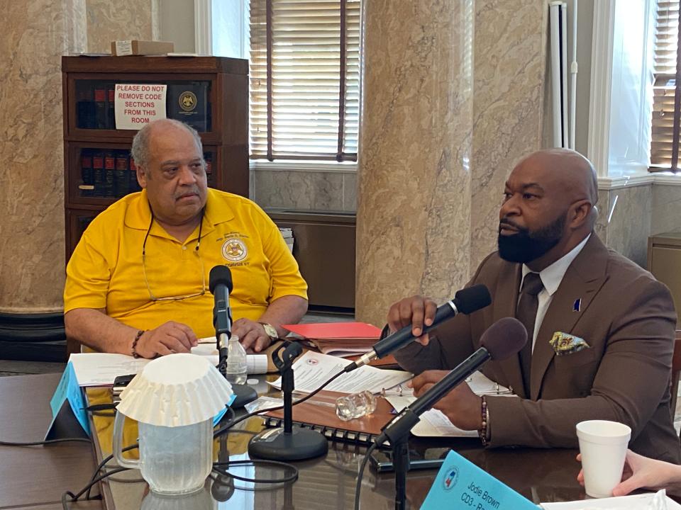 Mississippi Democratic Party Chair Cheikh Taylor, right, speaks to the party's executive committee Saturday before being elected as it's chairman for the next four years at the Mississippi State Capitol in downtown Jackson. Taylor faced only one challenger, Columbus-based attorney Wilbur Colom, who received only 14 votes to Taylor's 51.