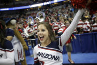 An Arizona cheerleader performs prior to a regional semifinal NCAA college basketball tournament game against San Diego State, Thursday, March 27, 2014, in Anaheim, Calif. (AP Photo/Jae C. Hong)