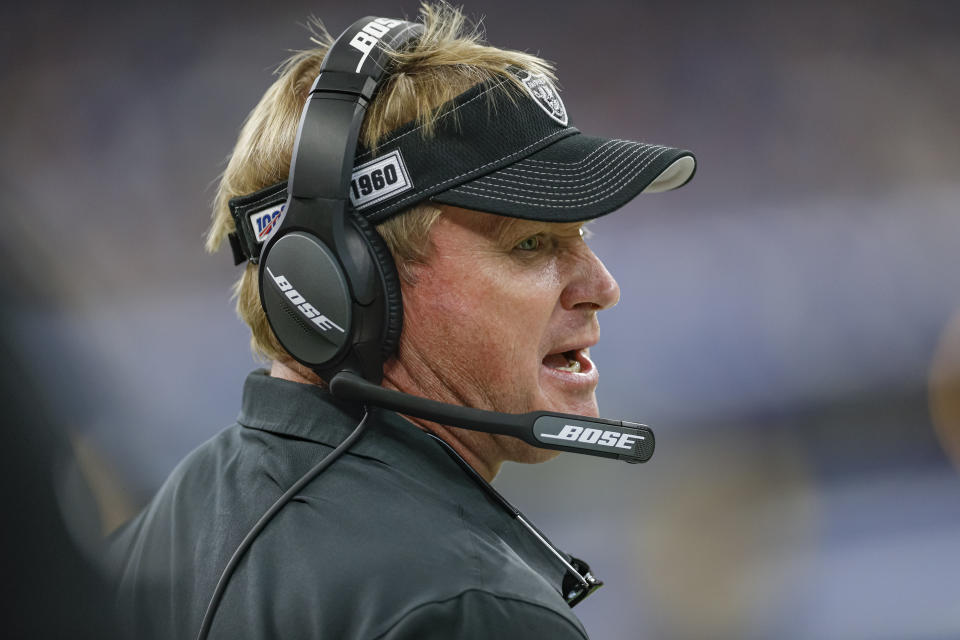 Raiders coach Jon Gruden has his team out to a 3-2 start. (Getty Images)