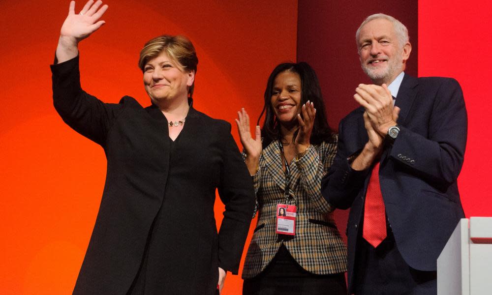 Emily Thornberry, left, with Claudia Webb, of the Labour NEC, and Jeremy Corbyn.