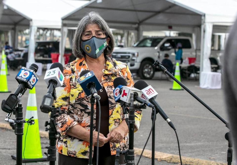 Mayor Daniella Levine Cava, talks to the media about vaccination in Miami-Date County during a visit to the Tropical Park Covid Vaccination site in Miami. on Wednesday, January 13, 2021.