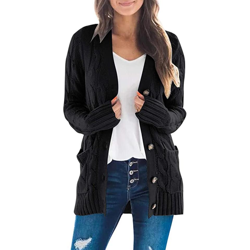 MEROKEETY Women's Long Sleeve Cable Knit Sweater Open Front Cardigan Button Loose Outerwear