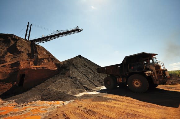 Loading a dump truck at an iron ore mine.