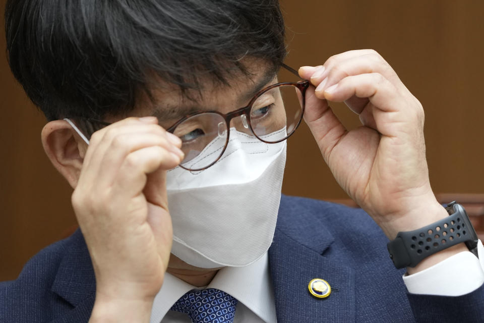South Korea's Vice Defense Minister Park Jae-min adjusts his glasses during an interview at the Defense Ministry in Seoul, South Korea, Thursday, Aug. 26, 2021. South Korea’s vice defense minister on Thursday called for North Korea to resume cooperation under a 2018 military agreement on reducing tensions, which Pyongyang has threatened to abandon over U.S.-South Korean military exercises. (AP Photo/Lee Jin-man)