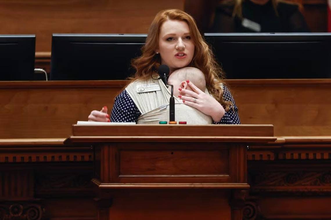 Rep. Lauren Daniel, R-Locust Grove, talks about House Bill 1019 at The Georgia State Capitol shown on Thursday, Feb. 8, 2024. The legislation will increase the amount of the dependent exemption.
