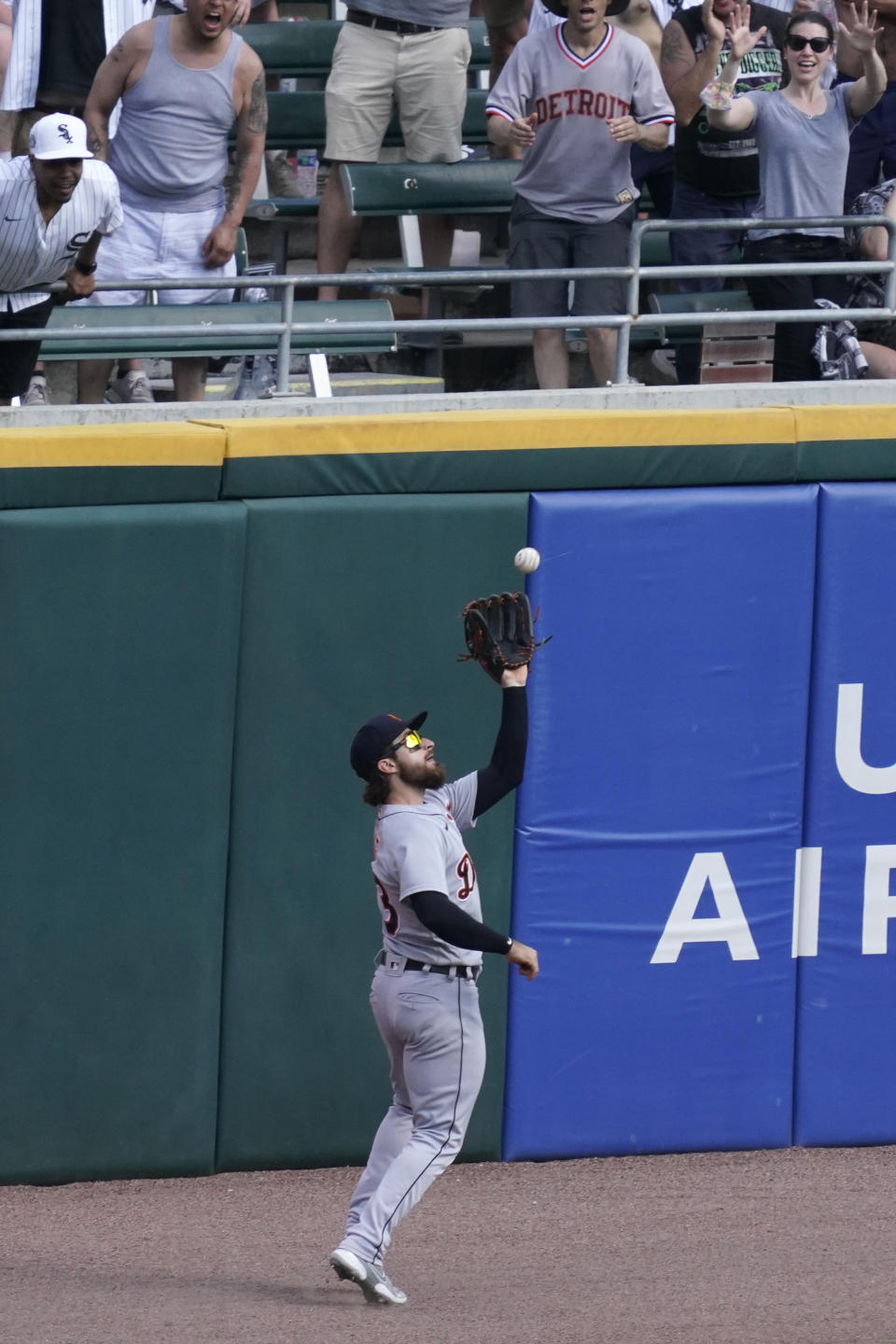 Detroit Tigers left fielder Eric Haase catches a fly ball hit by Chicago White Sox's Yermin Mercedes during the eighth inning of a baseball game in Chicago, Saturday, June 5, 2021. (AP Photo/Nam Y. Huh)