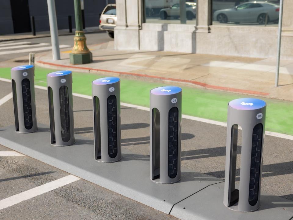 Lyft's new docking station on the corner of a street. 