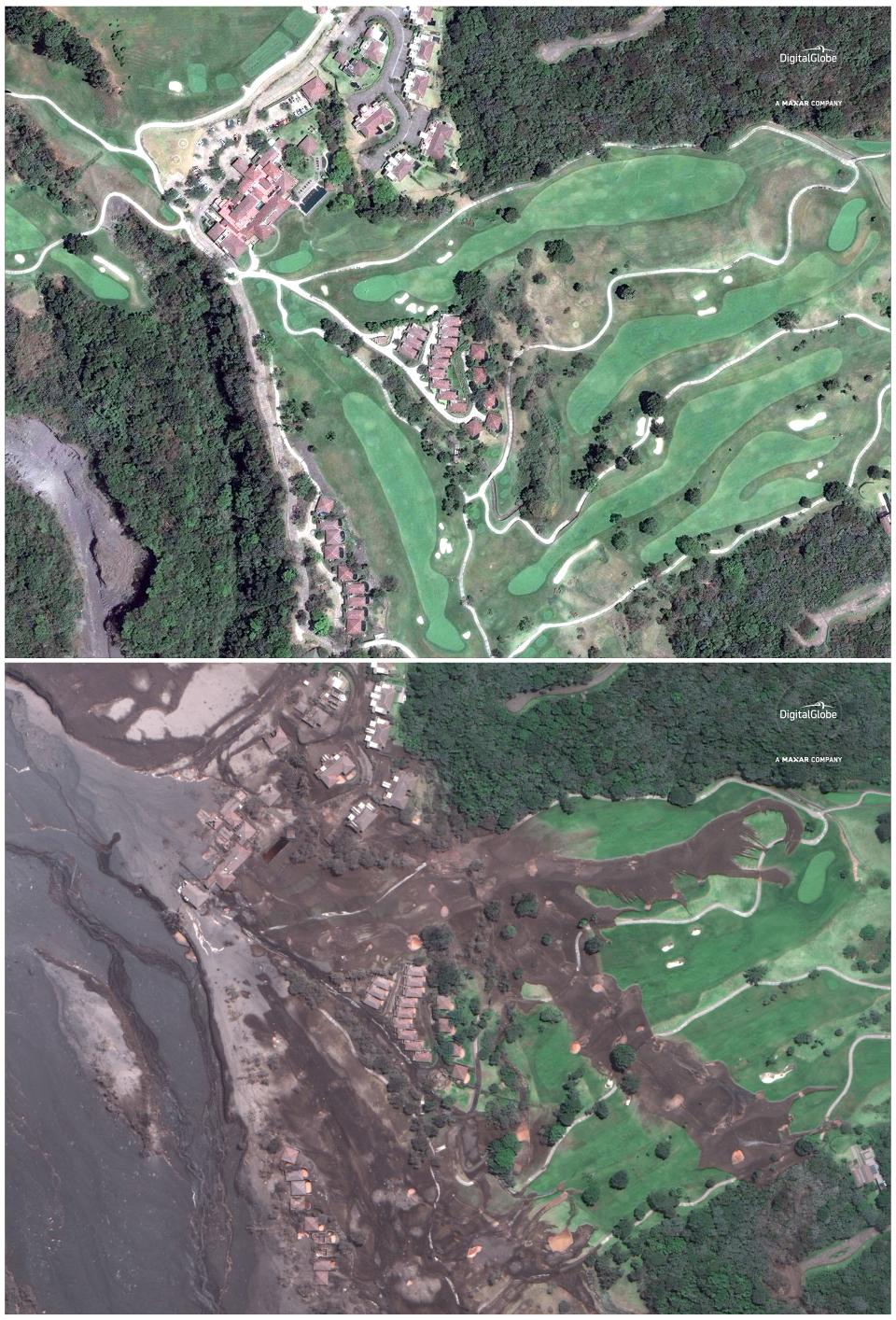 This combo of two satellite images provided by Digital Globe shows La Reunion Golf Resort pictured on April 7, 2017, top, and the same area encased in volcanic ash on June 6, 2018, three days after the eruption of the Volcan de Fuego, which means in English