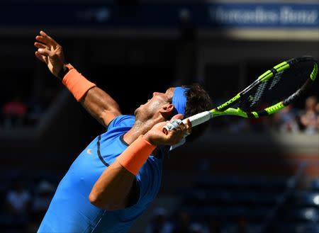 Aug 29, 2016; New York, NY, USA; Rafael Nadal of Spain hits to Denis Istomin of Uzbekistan on day one of the 2016 U.S. Open tennis tournament at USTA Billie Jean King National Tennis Center. Robert Deutsch-USA TODAY Sports