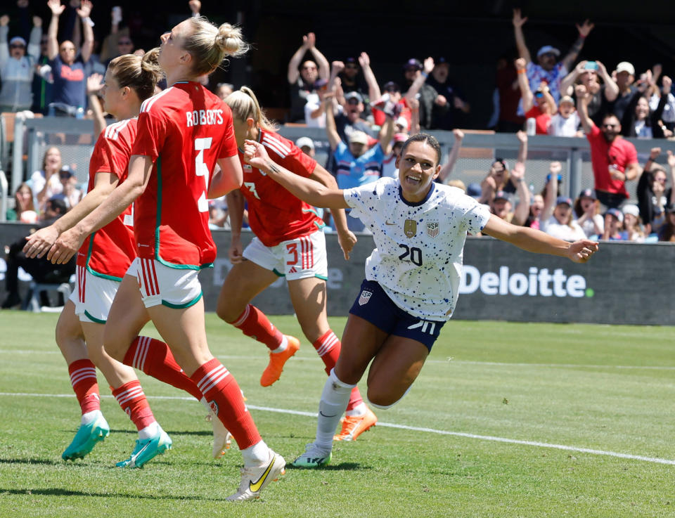 Trinity Rodman scores the first of her goals in the second half of the Women's World Cup send-off match against Wales, in San Jose, Calif., on July 9, 2023.<span class="copyright">Paul Kuroda—The Washington Post/Getty Images</span>