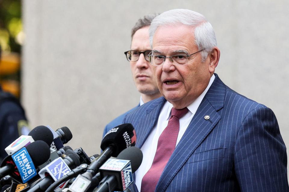 U.S. Senator Robert Menendez (D-NJ) speaks to the media, following his bribery trial in connection with an alleged corrupt relationship with three New Jersey businessmen, in New York City, U.S., July 16, 2024.