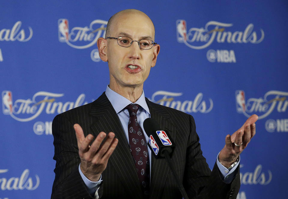 FILE - In this June 2, 2016, file photo, NBA commissioner Adam Silver speaks during a news conference before Game 1 of basketball's NBA Finals between the Golden State Warriors and the Cleveland Cavaliers in Oakland, Calif. Silver said Wednesday, Oct. 12, discussions will resume on the collective bargaining agreement next week after he returns from China, with two months left before a key deadline. (AP Photo/Jeff Chiu, File)