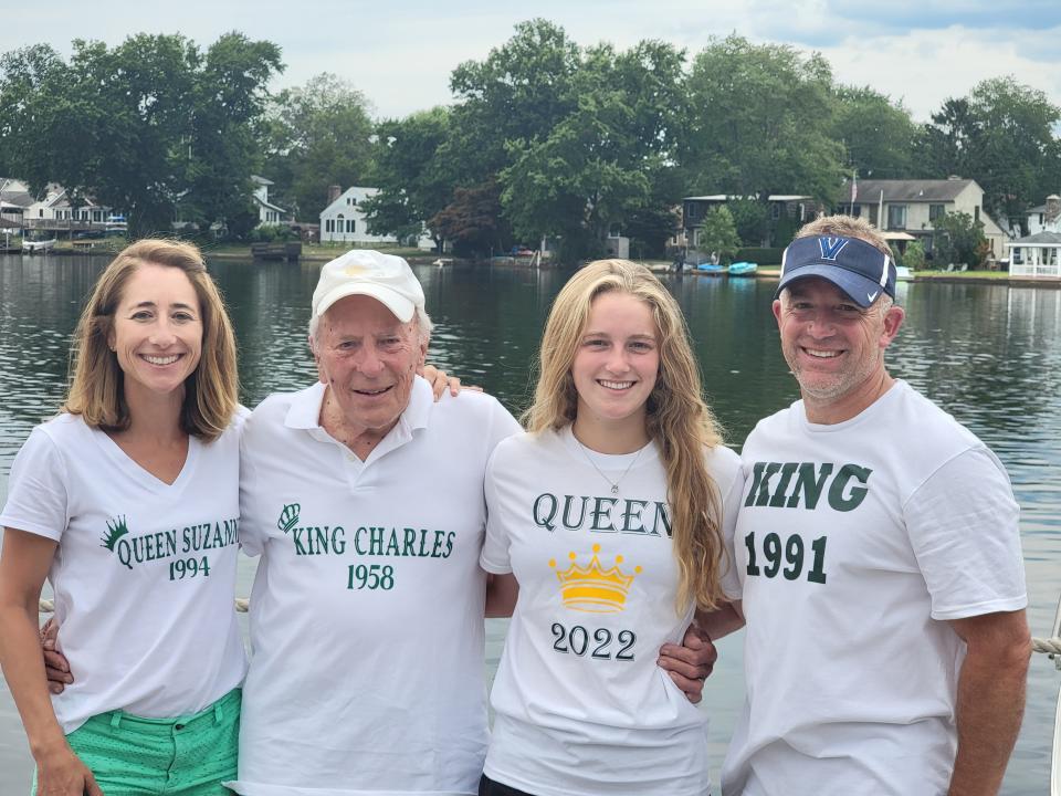 Charlie Weldon, second from left, with his daughter Suzanne (left), granddaughter Caroline, and son Michael at Indian Lake in Denville. Lenape Island, where Weldon lived until his death on May 29, 2023, is in the background.