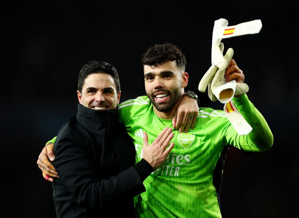 Mikel Arteta and David Raya celebrate Arsenal’s win against Porto - their last fixture on March 12 (Action Images via Reuters)