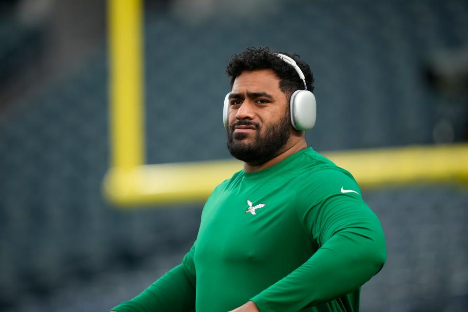 Philadelphia Eagles' Jordan Mailata warms up before an NFL football game, Sunday, Nov. 26, 2023, in Philadelphia.