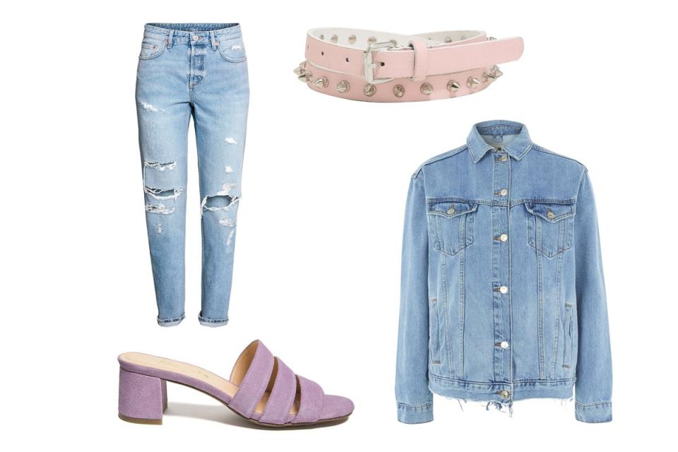 <p>Balance edgy, distressed denim with pretty pastel accessories.</p> <p><em>H&M Boyfriend Low Ripped Jeans, $40. <a rel="nofollow noopener" href="http://www.hm.com/us/product/70279?gclid=CjwKCAjwk4vMBRAgEiwA4ftLs7dZ1EHDV5To975GEuep6BAWxxXkAH74pKwlyTmpgIihVBn5-3IHKhoCHhAQAvD_BwE&article=70279-A&s_kwcid=AL!860!3!200226264644!!!!362029171087!&ef_id=WS8QngAAAHL0ejdU:20170803174659:s" target="_blank" data-ylk="slk:Hm.com;elm:context_link;itc:0;sec:content-canvas" class="link ">Hm.com</a>. Marais Jane Mule, $235. <a rel="nofollow noopener" href="https://www.maraisusa.com/collections/our-products/products/jane-mule-lavender#.WaQo_lqGNHZ" target="_blank" data-ylk="slk:Maraisusa.com;elm:context_link;itc:0;sec:content-canvas" class="link ">Maraisusa.com</a>. Topshop Moto Jacket, $95. <a rel="nofollow noopener" href="http://us.topshop.com/webapp/wcs/stores/servlet/ProductDisplay?searchTermScope=3&searchType=ALL&viewAllFlag=false&beginIndex=1&langId=-1&productId=28310563&pageSize=20&defaultGridLayout=3&CE3_ENDECA_PRODUCT_ROLLUP_ENABLED=N&searchTerm=TS05J23MMDT&productOnlyCount=1&catalogId=33060&productIdentifierproduct=product&geoip=search&x=25&searchTermOperator=LIKE&sort_field=Relevance&y=11&storeId=13052&qubitRefinements=siteId=TopShopUS" target="_blank" data-ylk="slk:Topshop.com;elm:context_link;itc:0;sec:content-canvas" class="link ">Topshop.com</a>. Hot Topic Spike Belt, $17. <a rel="nofollow noopener" href="http://www.hottopic.com/product/pink-faux-leather-spike-belt/10864359.html?cgid=accessories-belts-buckles#start=44" target="_blank" data-ylk="slk:Hottopic.com;elm:context_link;itc:0;sec:content-canvas" class="link ">Hottopic.com</a>.</em></p>