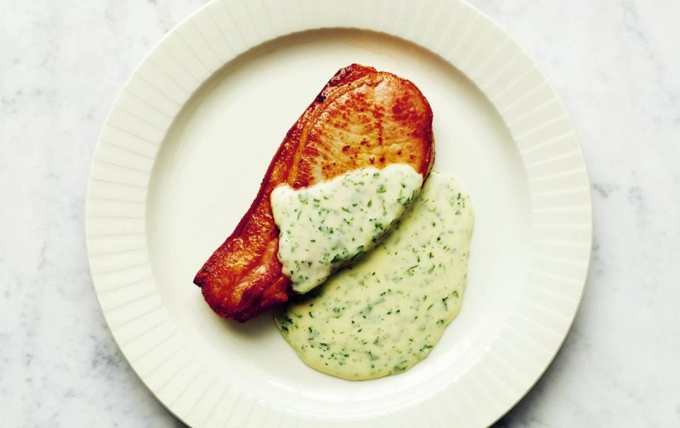 Bacon chops with parsley sauce; a satisfying, soothing combination, which would also benefit from steamed or buttered cabbage - SAM A HARRIS