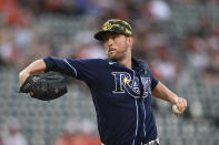 Tampa Bay Rays pitcher Jeffrey Springs throws to a Baltimore Orioles batter during the first inning of a baseball game Saturday, May 21, 2022, in Baltimore. (AP Photo/Gail Burton)