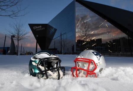 FILE PHOTO - Jan 31, 2018; Minneapolis, MN, USA; General overall view of Philadelphia Eagles and New England Patriots helmets at U.S. Bank Stadium prior to Super Bowl LII. Mandatory Credit: Kirby Lee-USA TODAY Sports