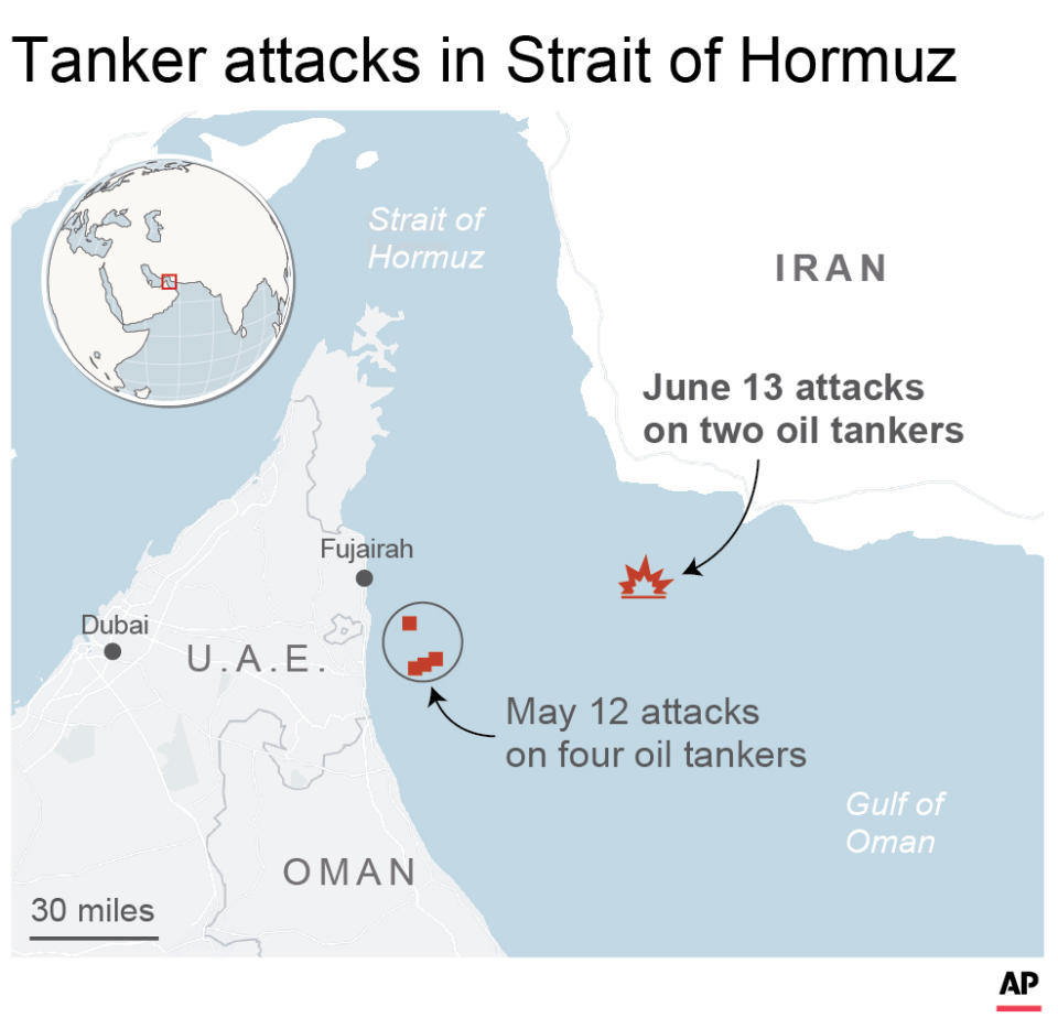 Map locates recent attacks on oil tankers in the Strait of Hormuz; 2c x 3 1/4 inches; 96.3 mm x 82 mm;