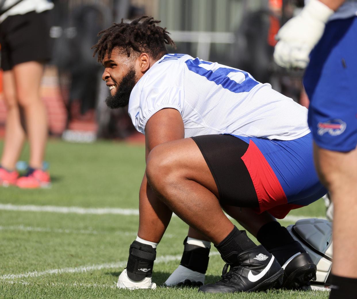 Bills offensive lineman O’Cyrus Torrence getting ready for practice.