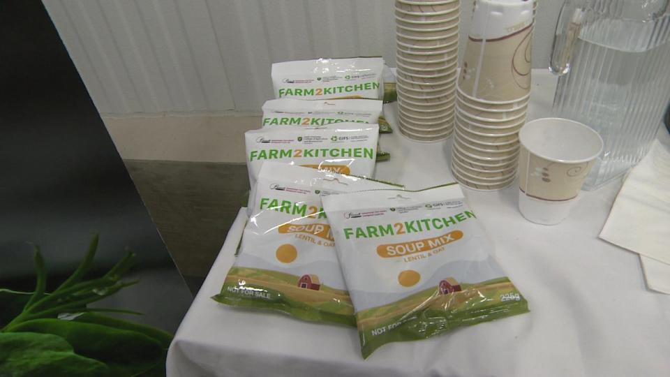 Dry soup mix packets developed by the University of Saskatchewan and the Food Centre sit on a table.