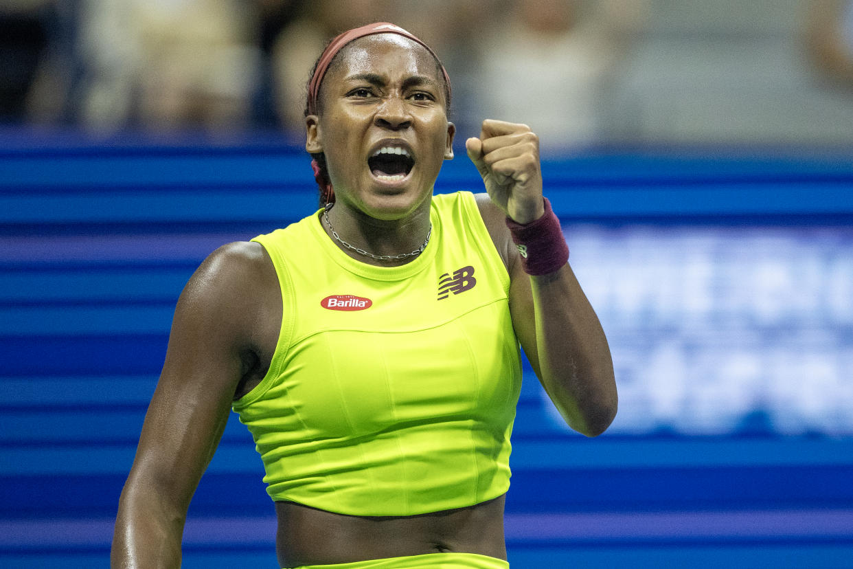 NEW YORK, USA:  September 7:   Coco Gauff of the United States reacts as she sets up match point during her victory against Karolina Muchova of the Czech Republic in the Women's Singles Semi-Finals match on Arthur Ashe Stadium during the US Open Tennis Championship 2023 at the USTA National Tennis Centre on September 7th, 2023 in Flushing, Queens, New York City.  (Photo by Tim Clayton/Corbis via Getty Images)