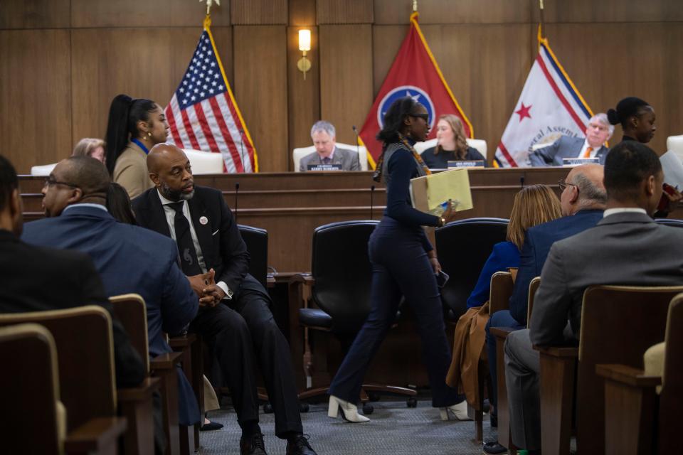 Rep. Harold Love, Jr., D-Nashville, speaks with supporters of Tennessee State University before a Senate Government Operations Committee in the Cordell Hull State Office Building in Nashville, Tenn., Wednesday, Feb. 7, 2024.