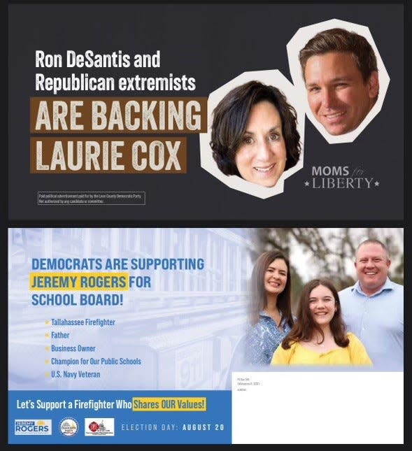 The Leon County Democratic Party funded mailers supporting Jeremy Rogers for School Board District 4 and attacking the incumbent, School Board member Laurie Lawson Cox.