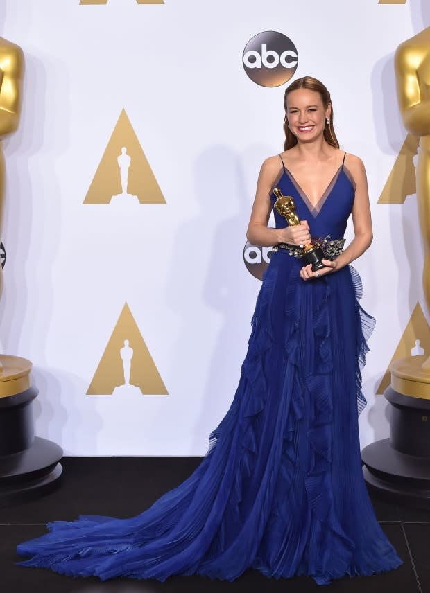 <p>Larson took home the award for Best Actress for <em>Room</em> at the 2016 Oscars. She looked modern and sophisticated in a bright blue ruffled Gucci gown with a bejeweled belt.</p>