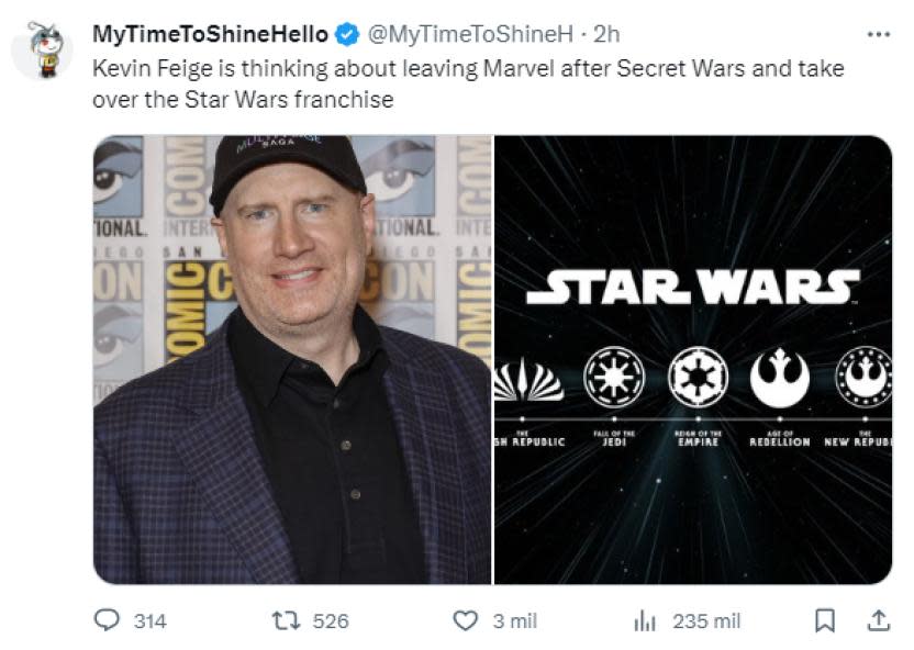 "Kevin Feige está pensando en dejar Marvel después de Secret Wars y tomar la franquicia de Star Wars", tuit de My Time To Shine Hello. (Crédito: X/Twitter)