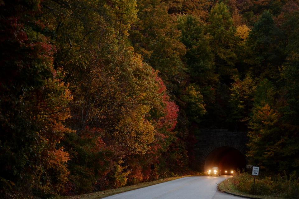 Motorists travel through Ferrin Knob Tunnel No. 1 on the Blue Ridge Parkway October 18, 2022.