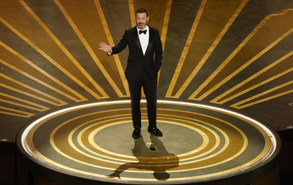 FILE - Host Jimmy Kimmel speaks at the Oscars on March 12, 2023, at the Dolby Theatre in Los Angeles. Kimmel will host the 96th Oscars on Sunday. (AP Photo/Chris Pizzello, File)