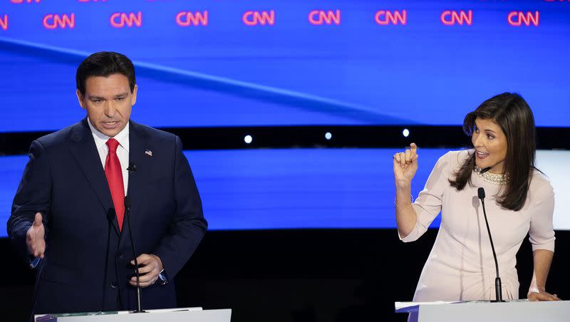 Former United Nations Ambassador Nikki Haley, right, and Florida Gov. Ron DeSantis, left, both speaking at the CNN Republican presidential debate at Drake University in Des Moines, Iowa, on Wednesday, Jan. 10, 2024.