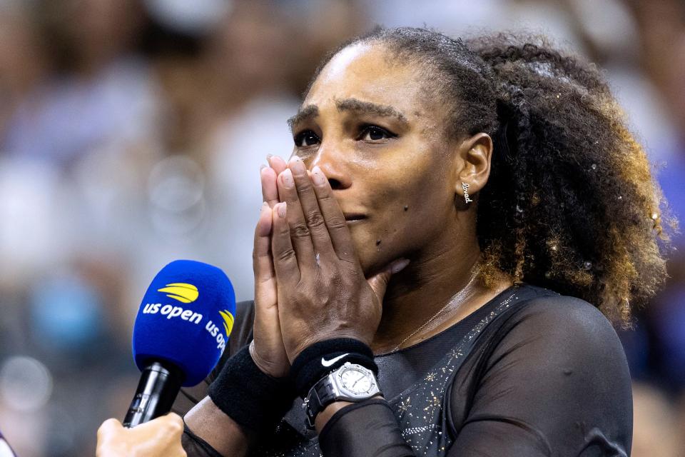 USA's Serena Williams gets emotional in a post match interview after losing against Australia's Ajla Tomljanovic during their 2022 US Open Tennis tournament women's singles third round match at the USTA Billie Jean King National Tennis Center in New York, on September 2, 2022. (Photo by COREY SIPKIN / AFP) (Photo by COREY SIPKIN/AFP via Getty Images)