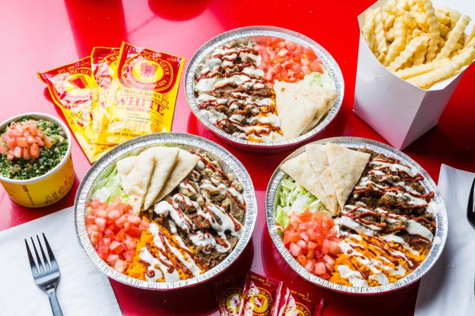The Halal Guys specialize in Middle Eastern dishes such as beef gyro, chicken, falafel and more. The white sauce makes the dish.