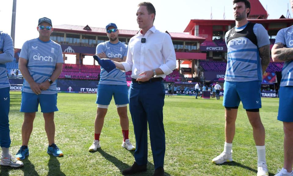 <span>Former England captain Eoin Morgan presents Jonny Bairstow with his 100th ODI in India last year.</span><span>Photograph: Gareth Copley/Getty Images</span>