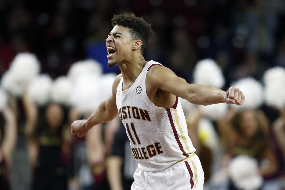 Boston College's Derryck Thornton reacts after a basket by Jairus Hamilton during the second half of the team's NCAA college basketball game against North Carolina State in Boston, Sunday, Feb. 16, 2020. (AP Photo/Michael Dwyer)