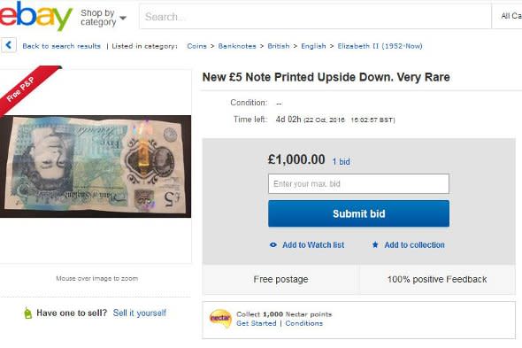 A listing for an 'upside down' £5 note