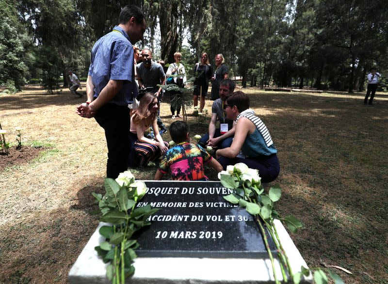 A monument for the victims of the Ethiopian Airlines Flight ET302 Boeing 737 Max plane crash is seen during a memorial ceremony at the French Embassy in Addis Ababa