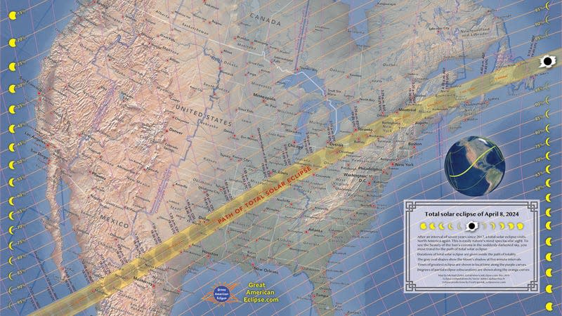 This map shows the path of totality, and also the degree to which partial eclipses will be visible in outlying areas (as indicated along the right and left hand sides). - Graphic: Michael Zeiler, GreatAmericanEclipse.com